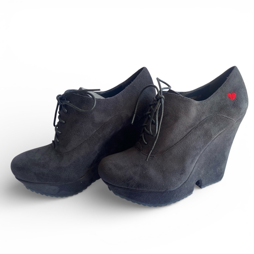 Love Moschino Black Suede Wedge Platform Booties - 39